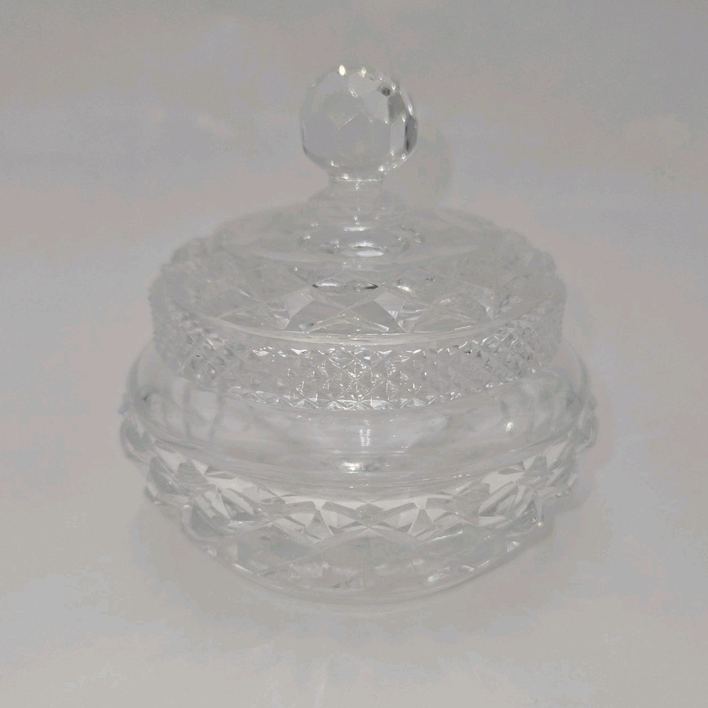 Vintage Cut Crustal Covered Candy Dish Starburst Base Cut Lid with Cover 4.5X4.5